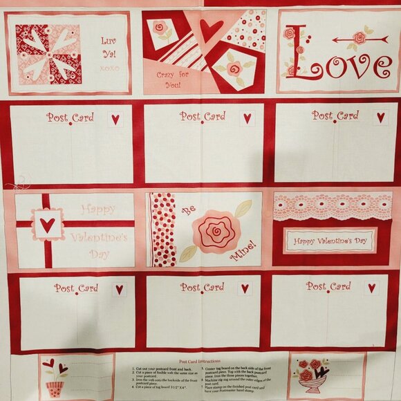 Hearts Aflutter Love Postcard Fabric Panel 24 X 44 Valentines Day Sandy Gervais - Picture 3 of 5